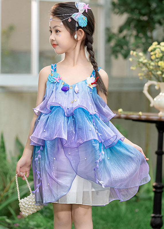 Art Blue Purple V Neck Embroideried Chiffon Girls Long Dresses Summer