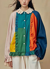 Art Colorblock Button Patchwork Cotton Coat Butterfly Sleeve