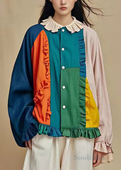 Art Colorblock Button Patchwork Cotton Coat Butterfly Sleeve