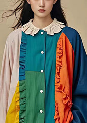 Art Colorblock Button Patchwork Cotton Coat Butterfly Sleeve