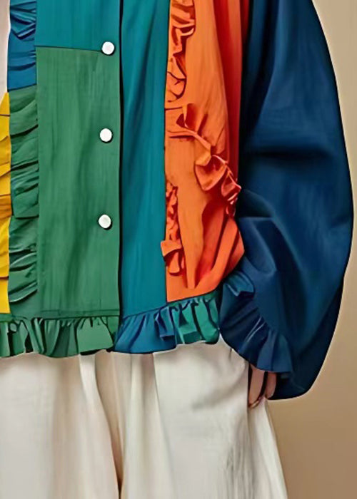 Art Colorblock Button Patchwork Cotton Coat Butterfly Sleeve