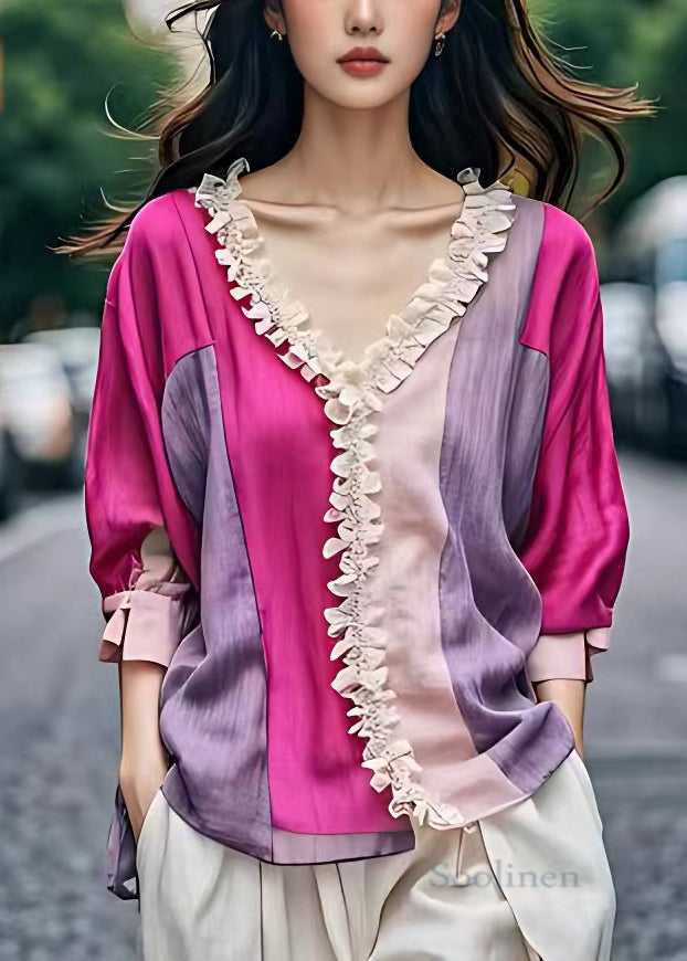 Art Colorblock V Neck Ruffled Cotton Blouses Fall