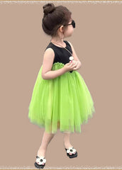 Art Green O-Neck Patchwork Tulle Girls Long Dress Summer