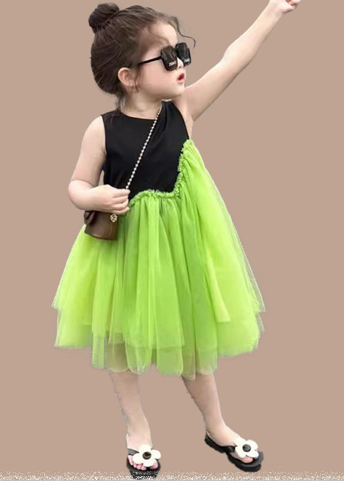 Art Green O-Neck Patchwork Tulle Girls Long Dress Summer