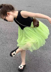 Art Green O-Neck Patchwork Tulle Girls Long Dress Summer