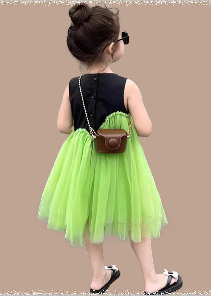 Art Green O-Neck Patchwork Tulle Girls Long Dress Summer