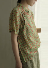 Art Green Stand Collar Dot Button Top Short Sleeve