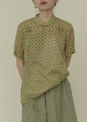 Art Green Stand Collar Dot Button Top Short Sleeve