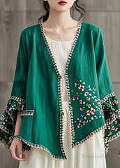 Art Green V Neck Print Button Cotton Coat Long Sleeve