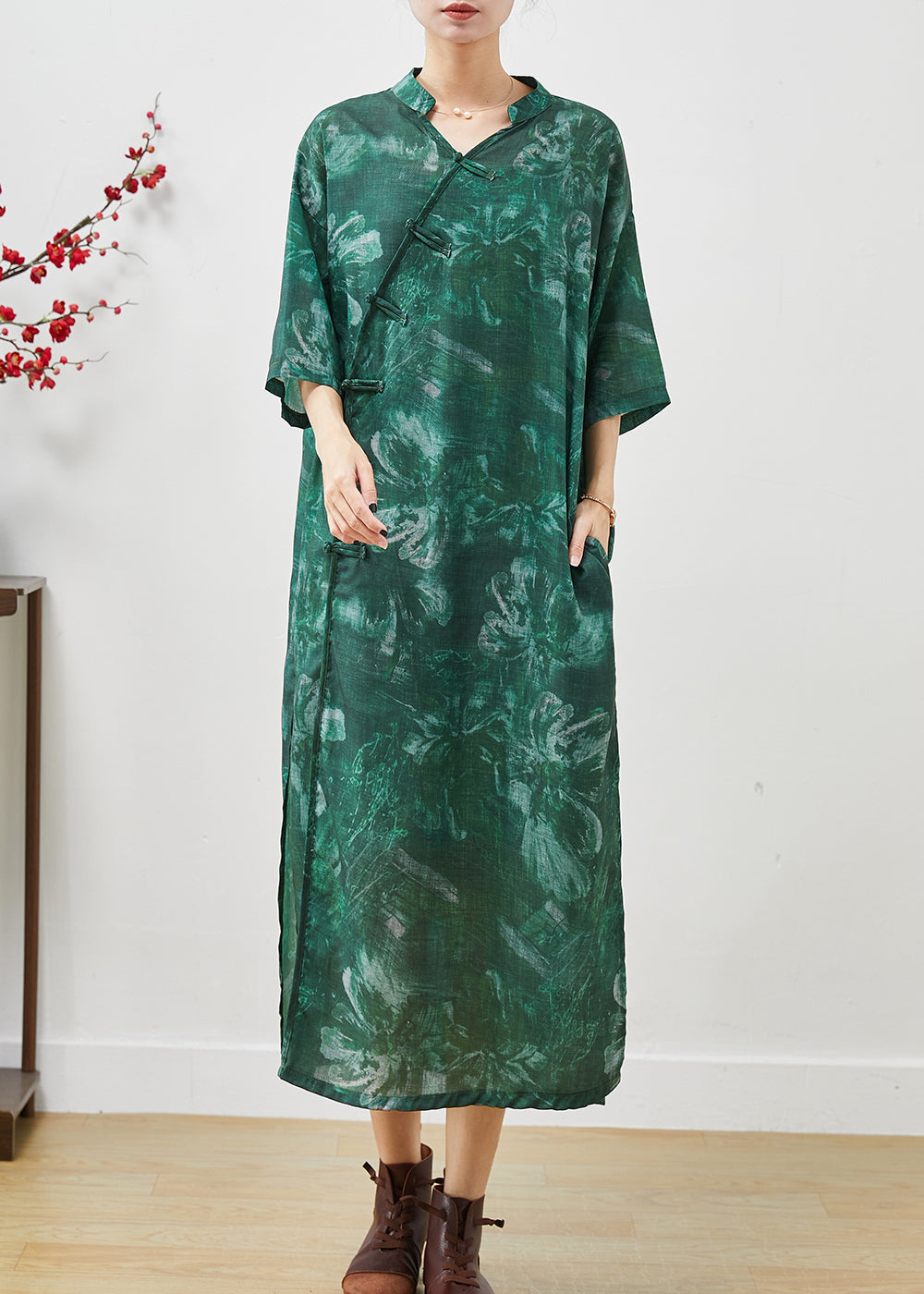 Art Green V Neck Tie Dye Linen Oriental Dresses Summer