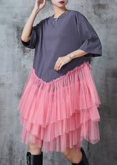 Art Grey Oversized Patchwork Tulle Dress Summer