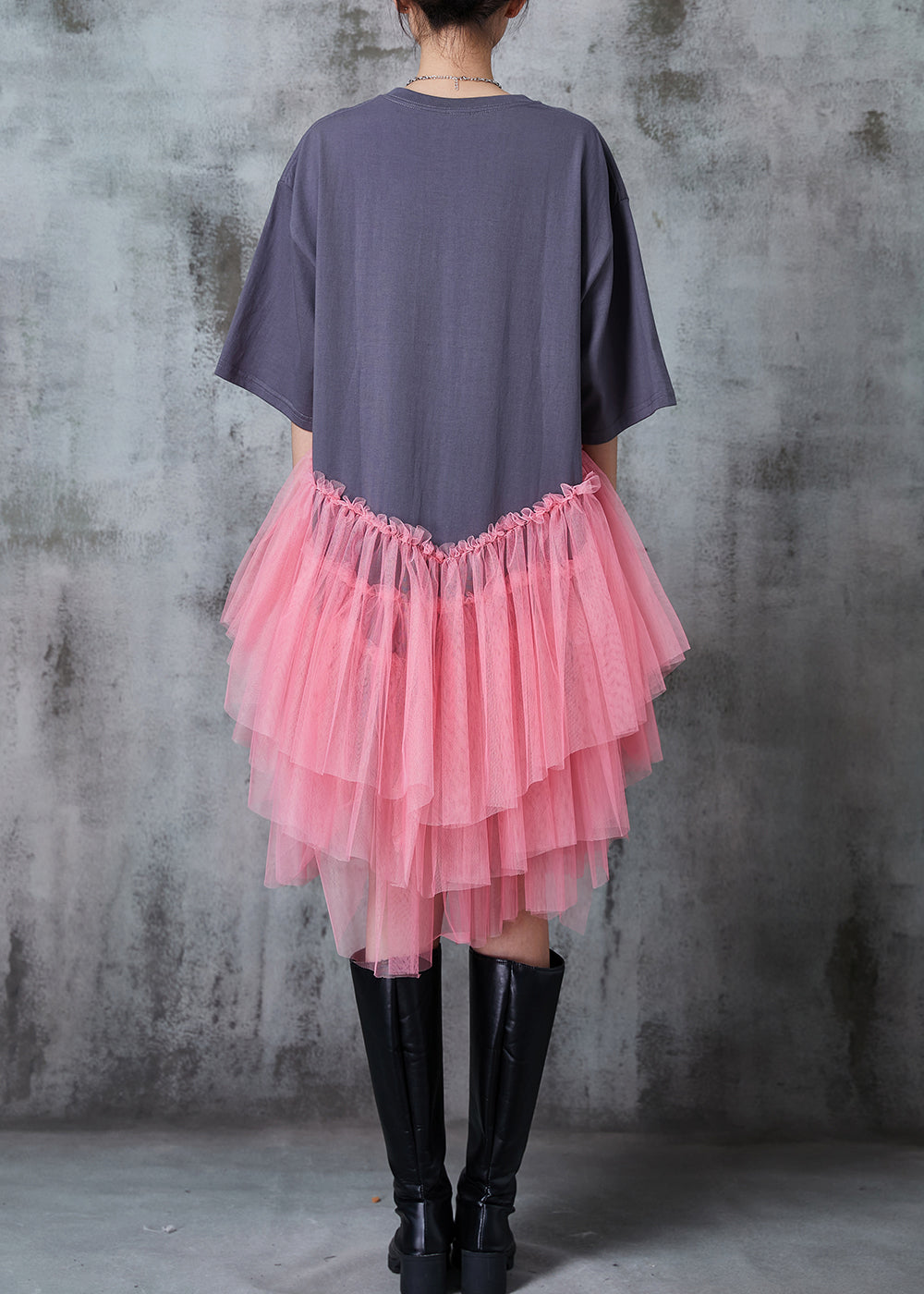 Art Grey Oversized Patchwork Tulle Dress Summer