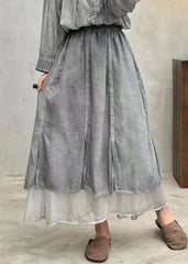 Art Grey Pockets Elastic Waist Cotton Skirt Fall