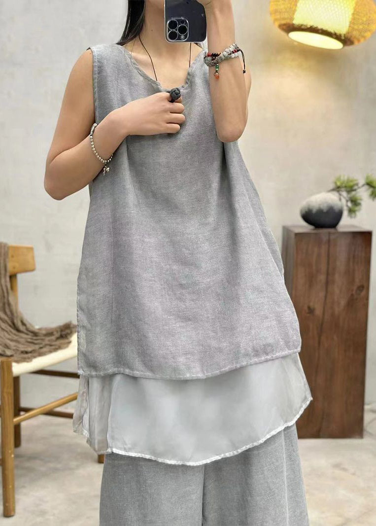 Art Grey Solid Side Open Cotton Tank Summer