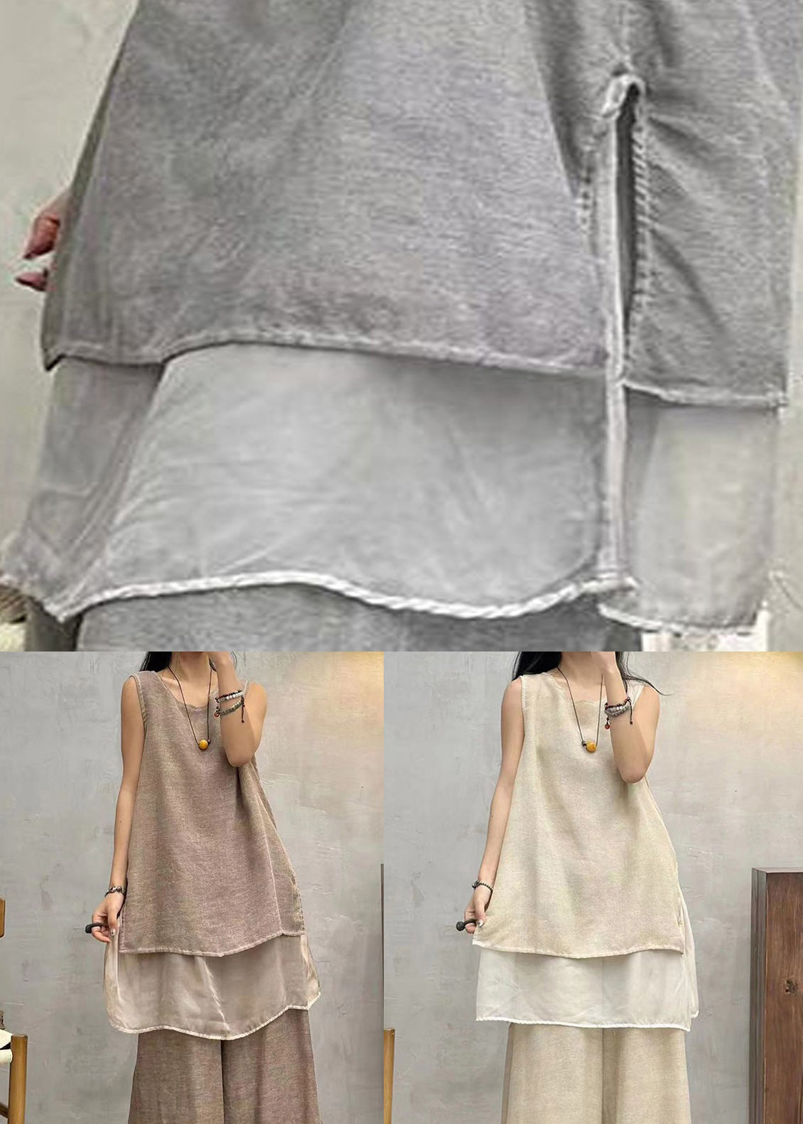 Art Grey Solid Side Open Cotton Tank Summer