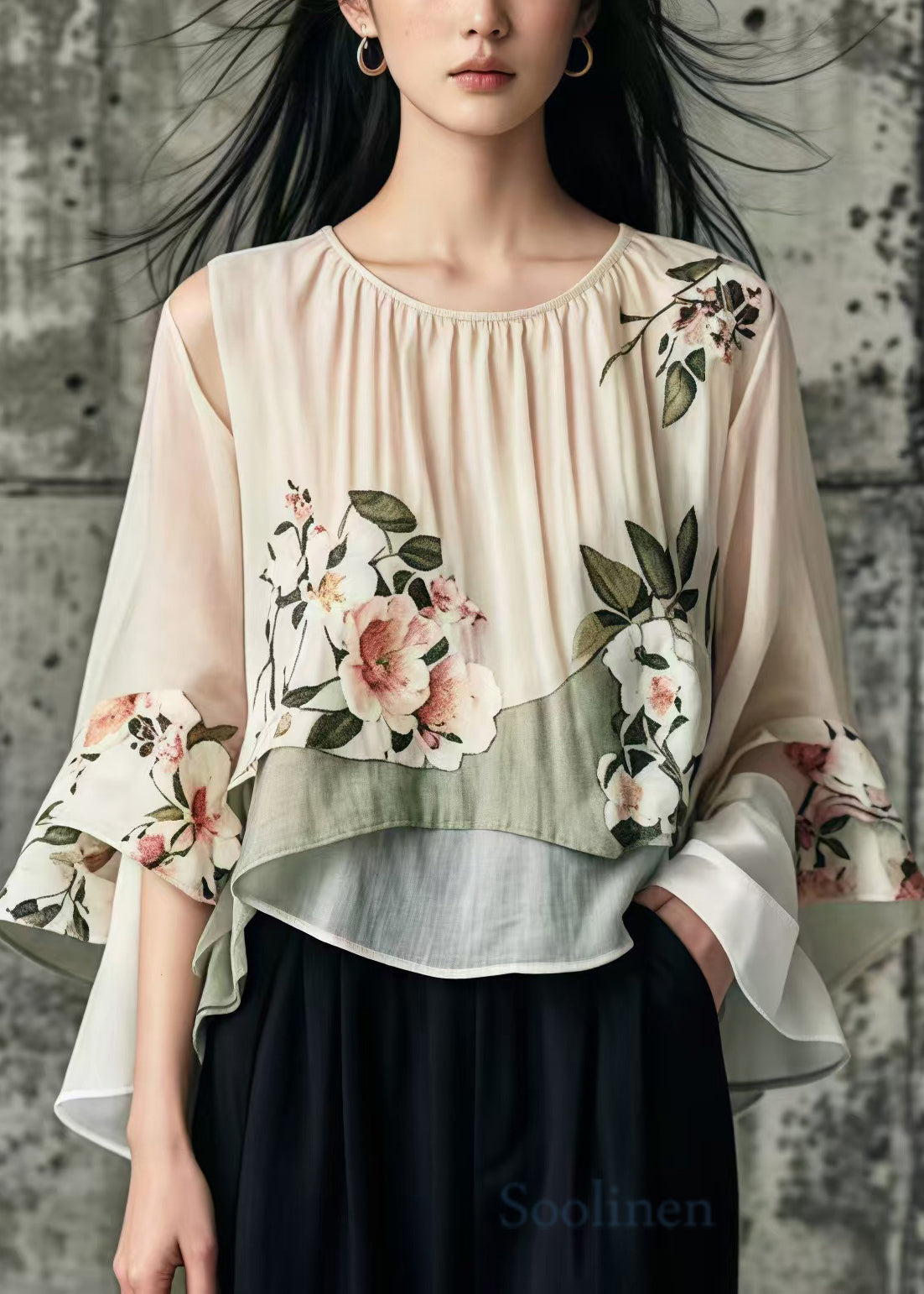 Art Khaki Oversized Floral Cotton Shirt Tops Flare Sleeve