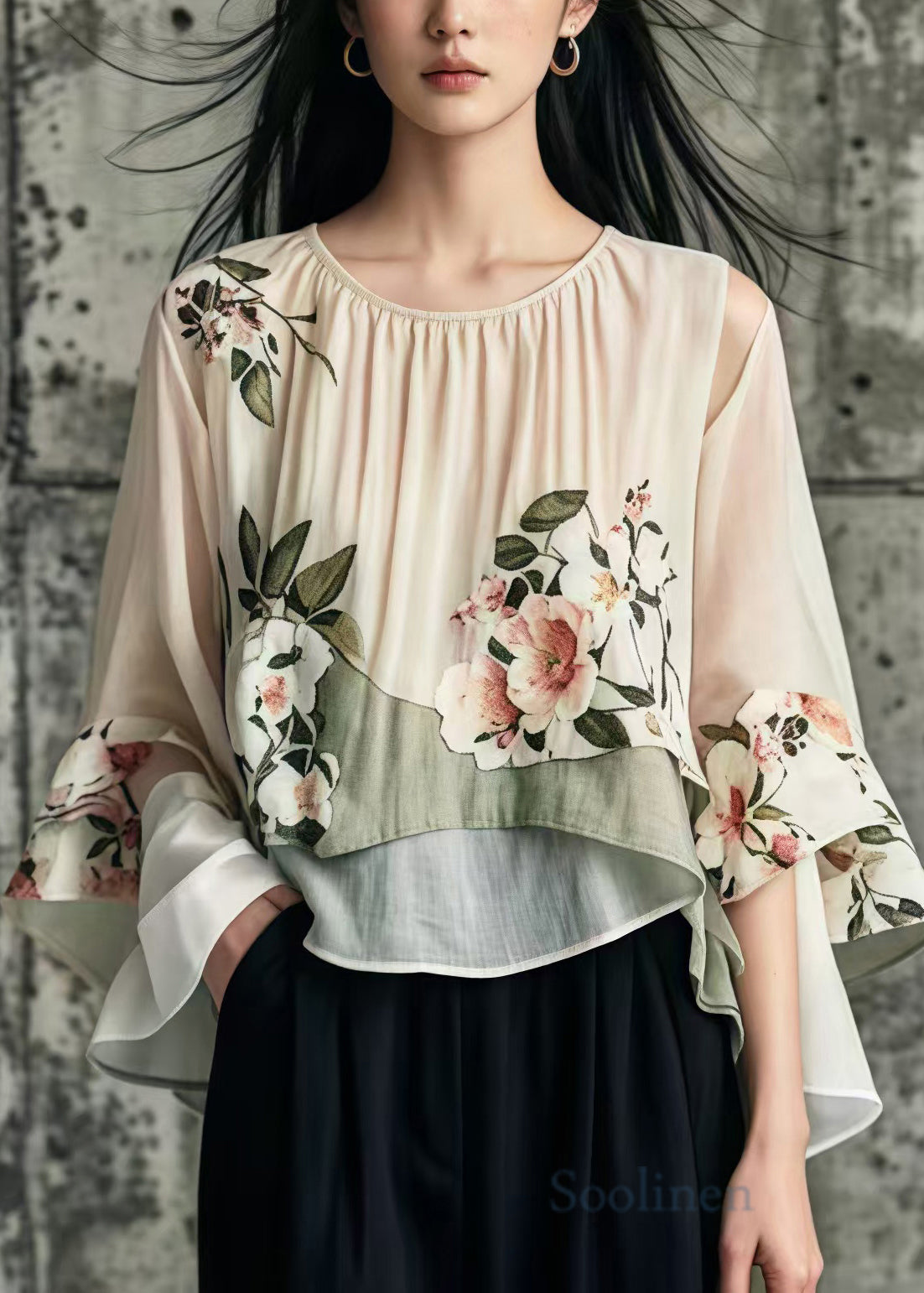 Art Khaki Oversized Floral Cotton Shirt Tops Flare Sleeve