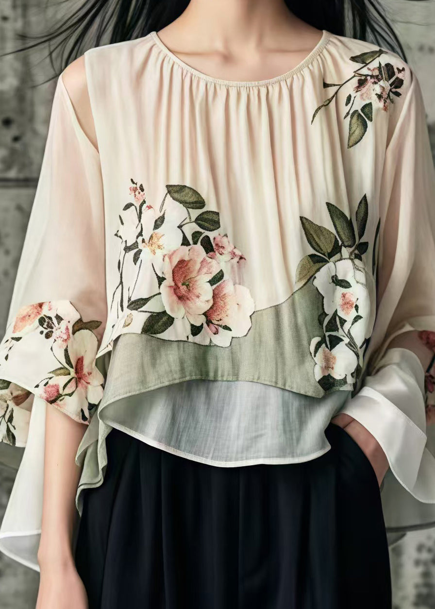 Art Khaki Oversized Floral Cotton Shirt Tops Flare Sleeve