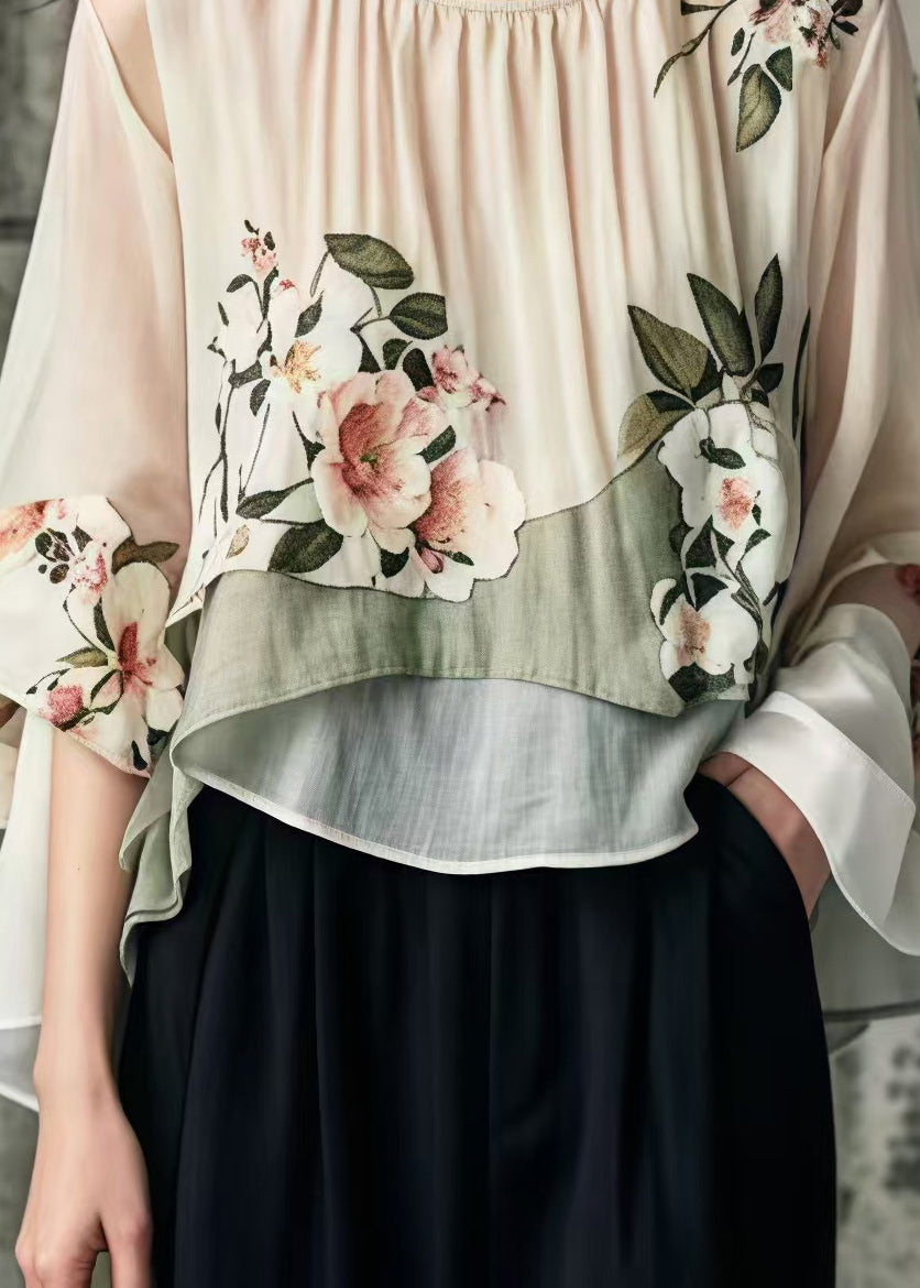 Art Khaki Oversized Floral Cotton Shirt Tops Flare Sleeve