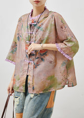 Art Khaki Ruffled Print Chinese Button Linen Blouse Tops Summer