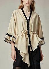 Art Khaki V Neck Asymmetrical Cotton Coats Half Sleeve