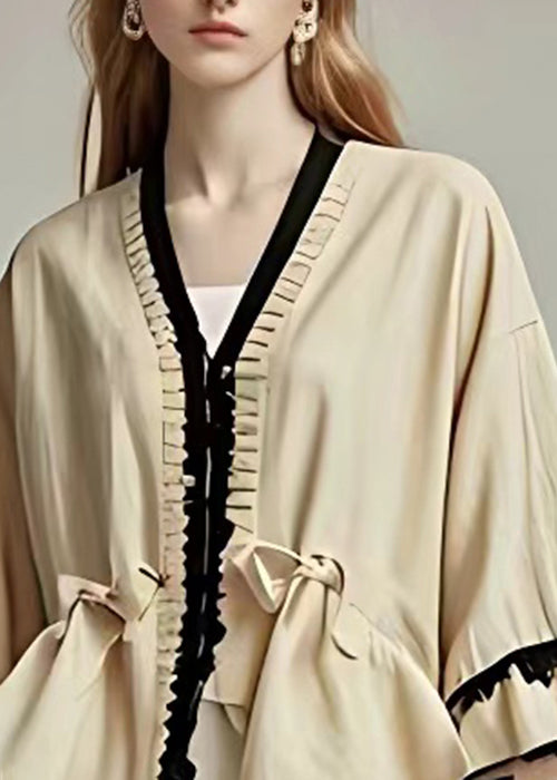 Art Khaki V Neck Asymmetrical Cotton Coats Half Sleeve