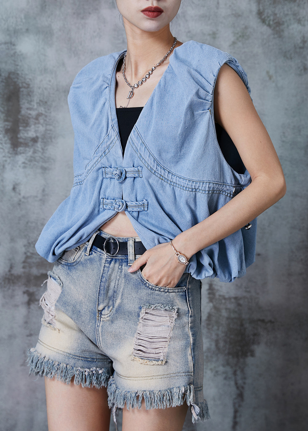 Art Light Blue Chinese Button Drawstring Denim Vests Summer