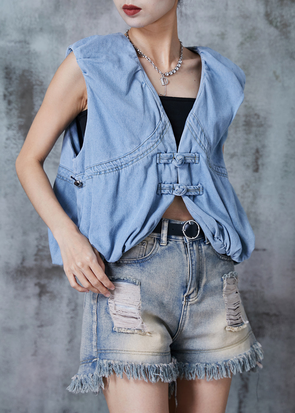 Art Light Blue Chinese Button Drawstring Denim Vests Summer