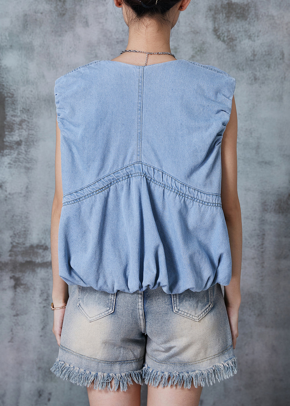 Art Light Blue Chinese Button Drawstring Denim Vests Summer