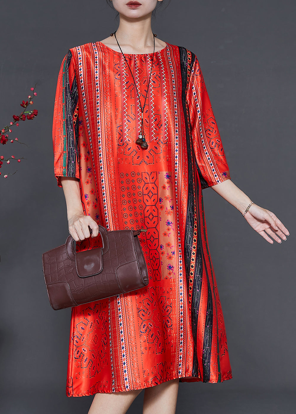 Art Orange Oversized Print Linen Maxi Dresses Summer