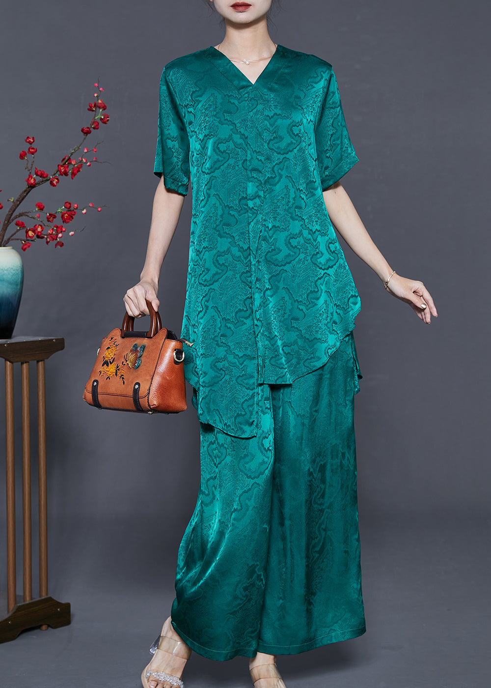 Art Peacock Green Jacquard Silm Fit Silk Two Pieces Set Summer