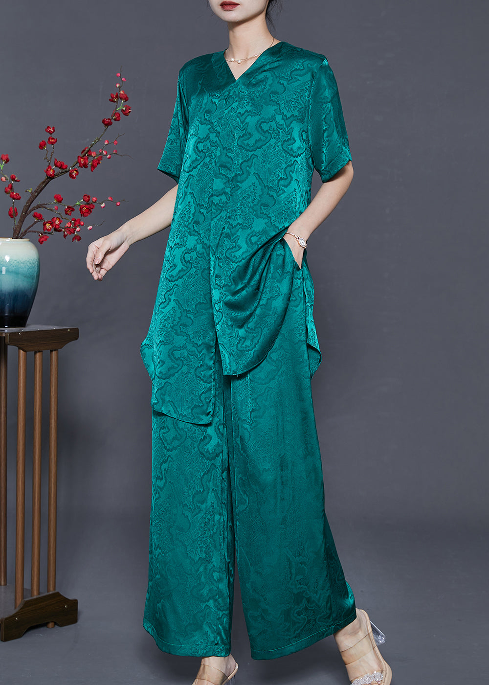 Art Peacock Green Jacquard Silm Fit Silk Two Pieces Set Summer