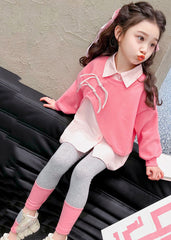 Art Pink Peter Pan Collar Patchwork Kids Top And Pants Two Piece Set Long Sleeve