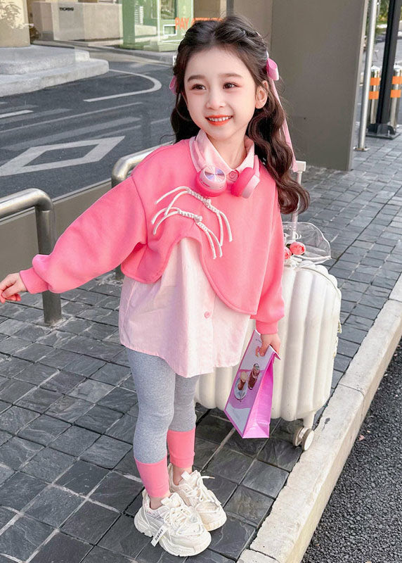 Art Pink Peter Pan Collar Patchwork Kids Top And Pants Two Piece Set Long Sleeve