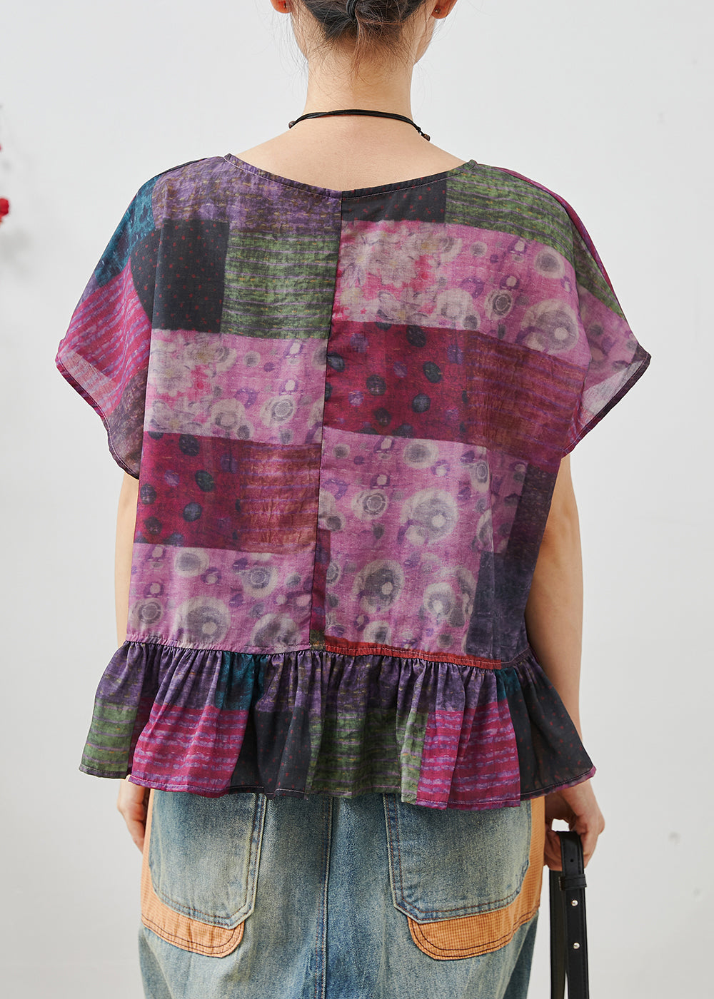 Art Purple Tie Dye Ruffles Cotton Shirt Top Summer