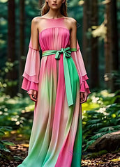 Art Rainbow Cold Shoulder Patchwork Silk Maxi Dress Long Sleeve