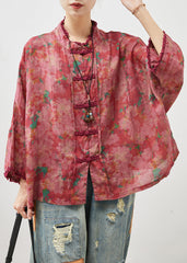 Art Red Oversized Print Chinese Button Linen Blouses Bracelet Sleeve