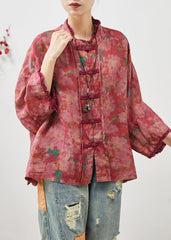 Art Red Oversized Print Chinese Button Linen Blouses Bracelet Sleeve