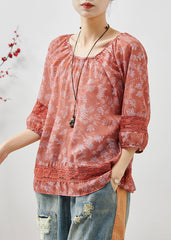 Art Red Print Patchwork Lace Cotton Shirt Summer