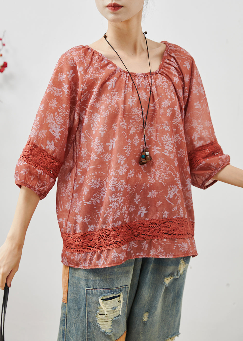 Art Red Print Patchwork Lace Cotton Shirt Summer