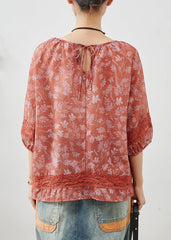 Art Red Print Patchwork Lace Cotton Shirt Summer