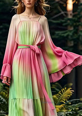 Art Rose Square Collar Tie Waist Silk Long Dresses Long Sleeve