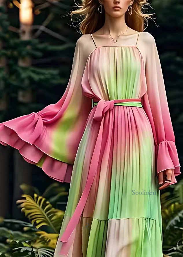 Art Rose Square Collar Tie Waist Silk Long Dresses Long Sleeve