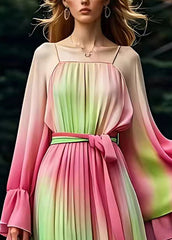 Art Rose Square Collar Tie Waist Silk Long Dresses Long Sleeve