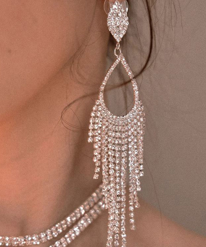 Art Silk Sterling Silver Zircon Water Drop Tassel Drop Earrings