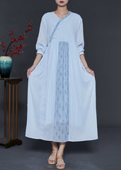 Art Sky Blue Asymmetrical Patchwork Cotton Oriental Dresses Summer