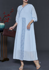 Art Sky Blue Asymmetrical Patchwork Cotton Oriental Dresses Summer