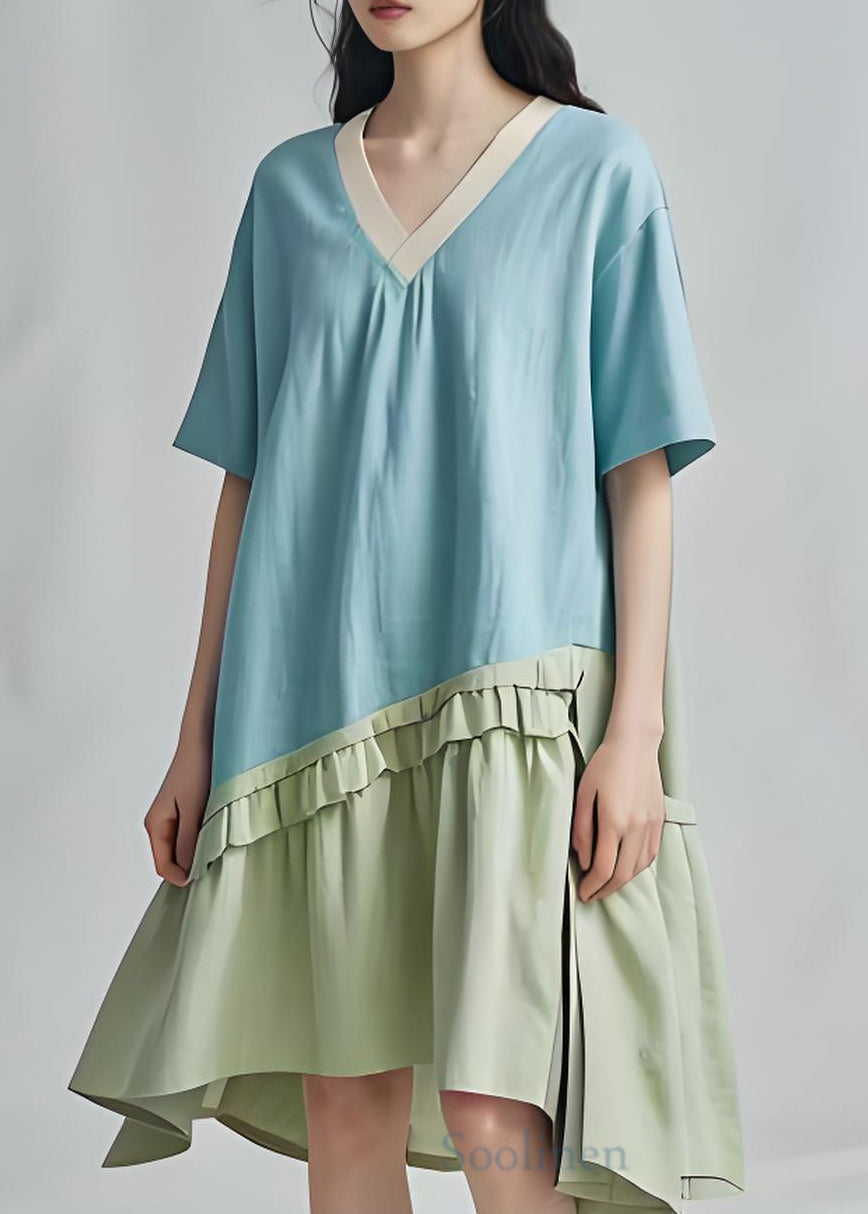 Art Sky Blue Oversized Patchwork Cotton Vacation Dresses Summer