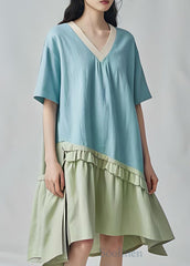 Art Sky Blue Oversized Patchwork Cotton Vacation Dresses Summer