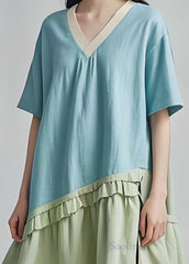 Art Sky Blue Oversized Patchwork Cotton Vacation Dresses Summer